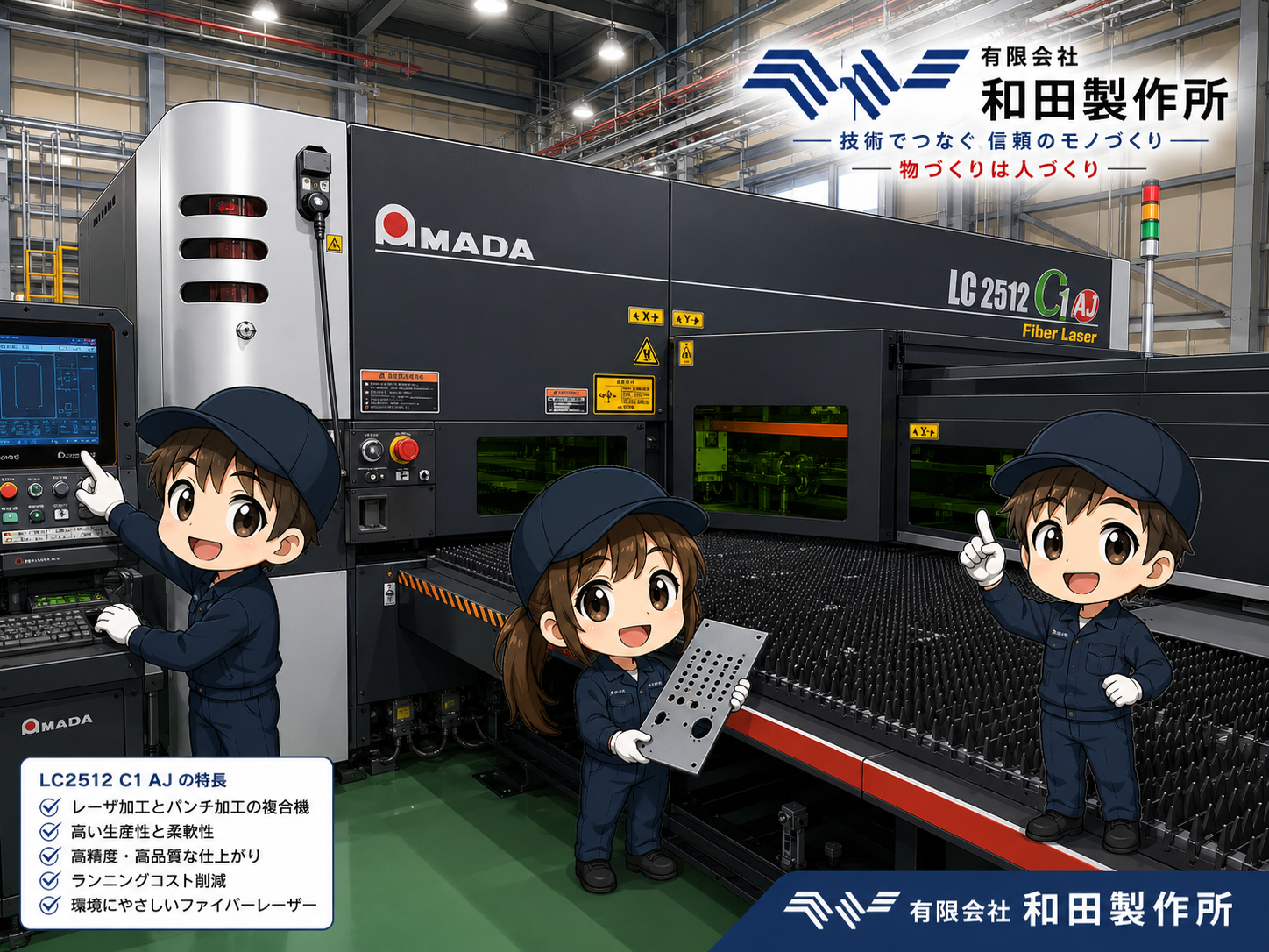 ファイバーレーザー複合機LC2512 C1AJと作業スタッフのイラスト