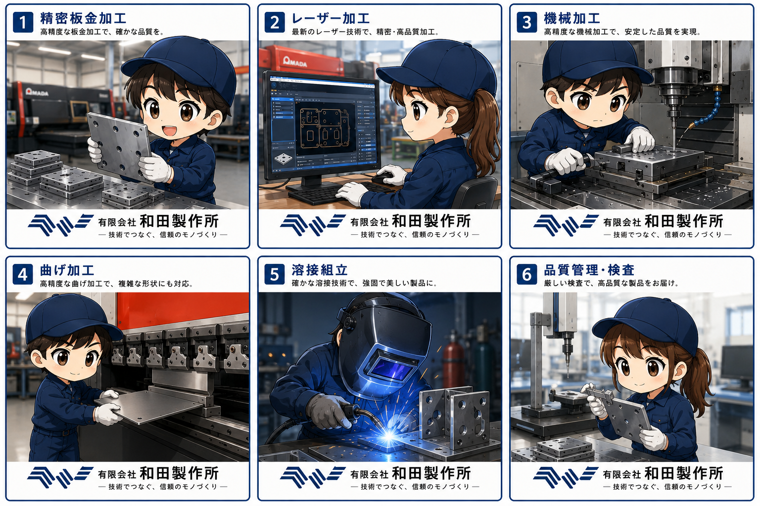 精密板金・レーザー・機械・曲げ・溶接・品質管理の仕事を紹介するイラスト