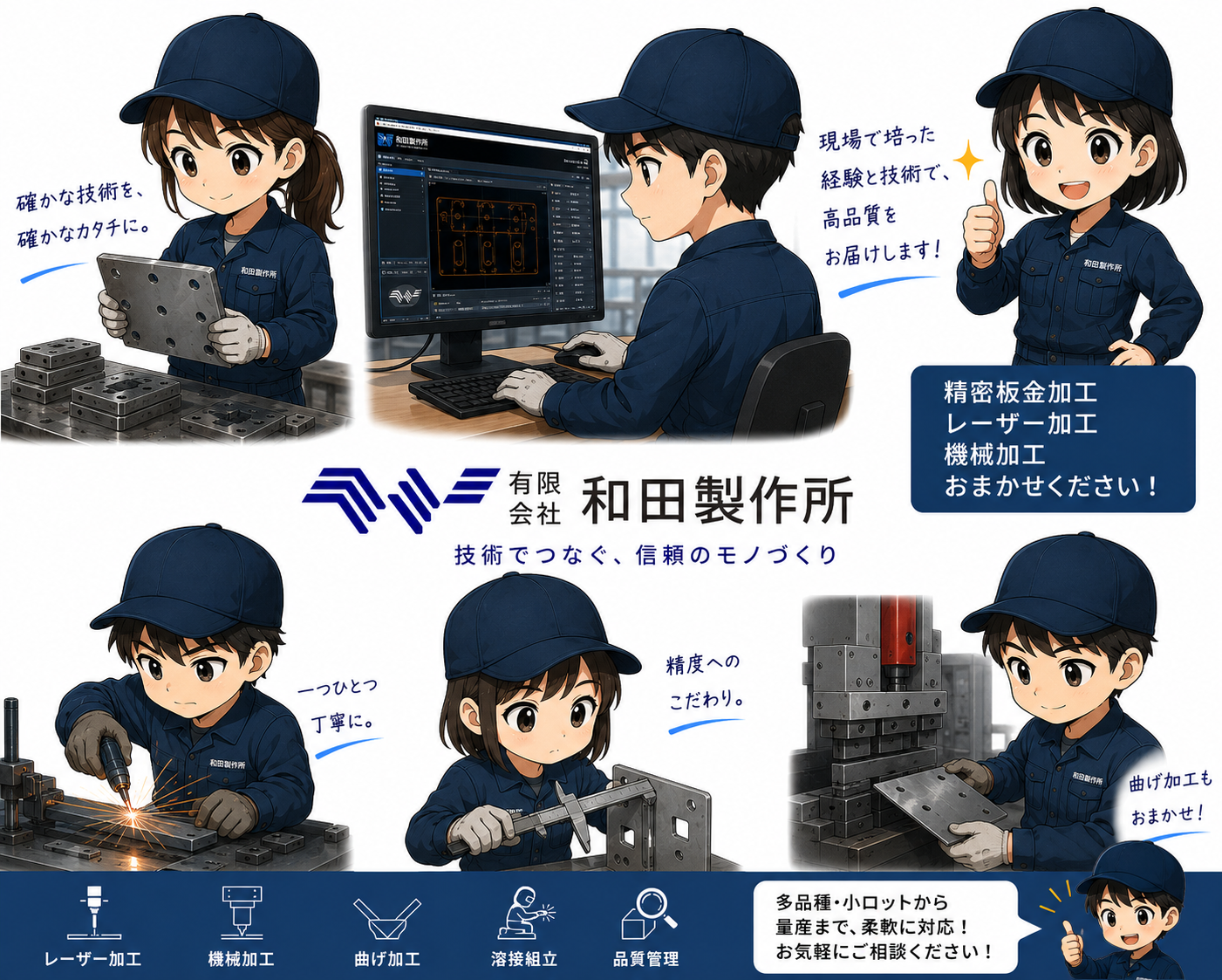 和田製作所の精密板金加工、機械加工、曲げ加工、品質管理を表現したイラスト